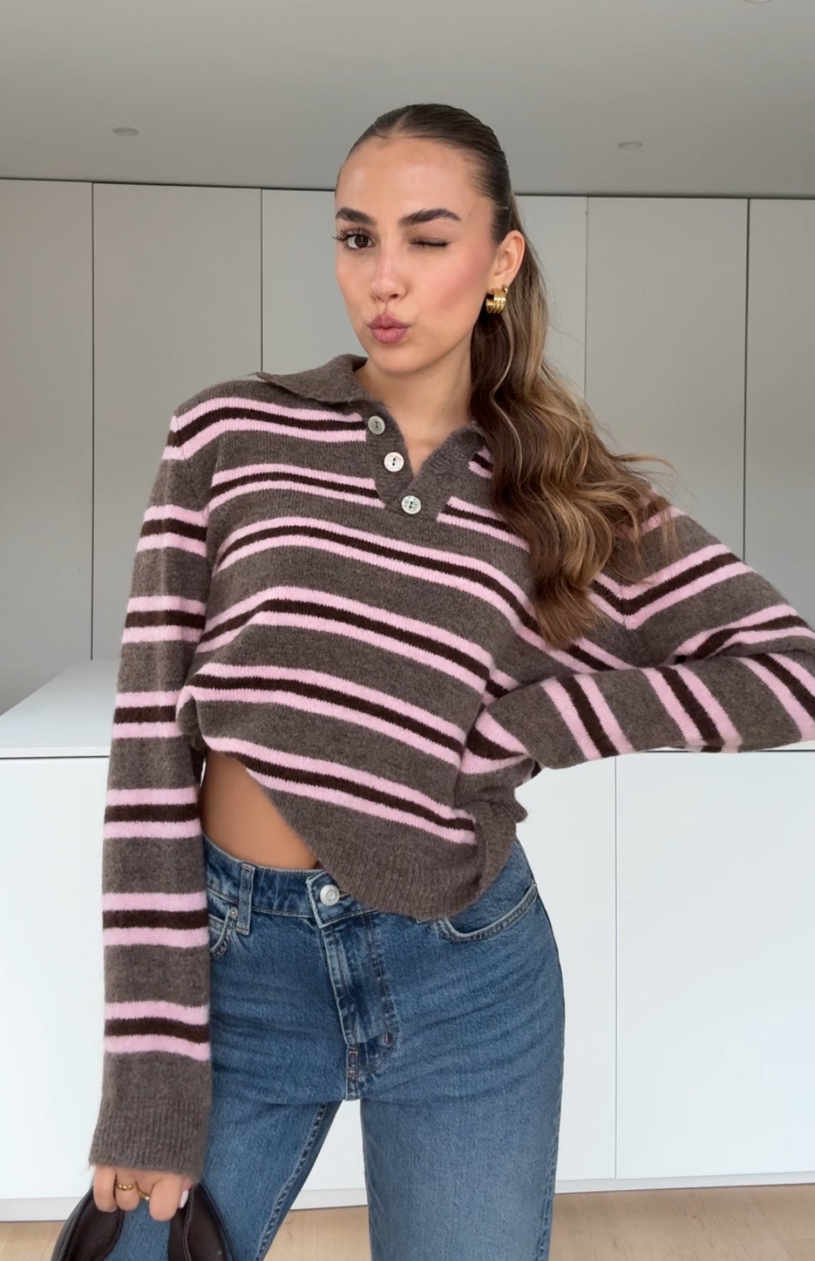 STRIPED KNIT POLO BLUSH CHOCOLATE