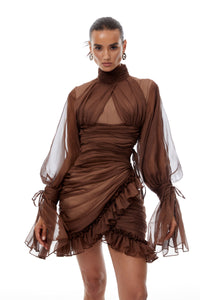 Jade Brown Ruched Tulle Mini Dress