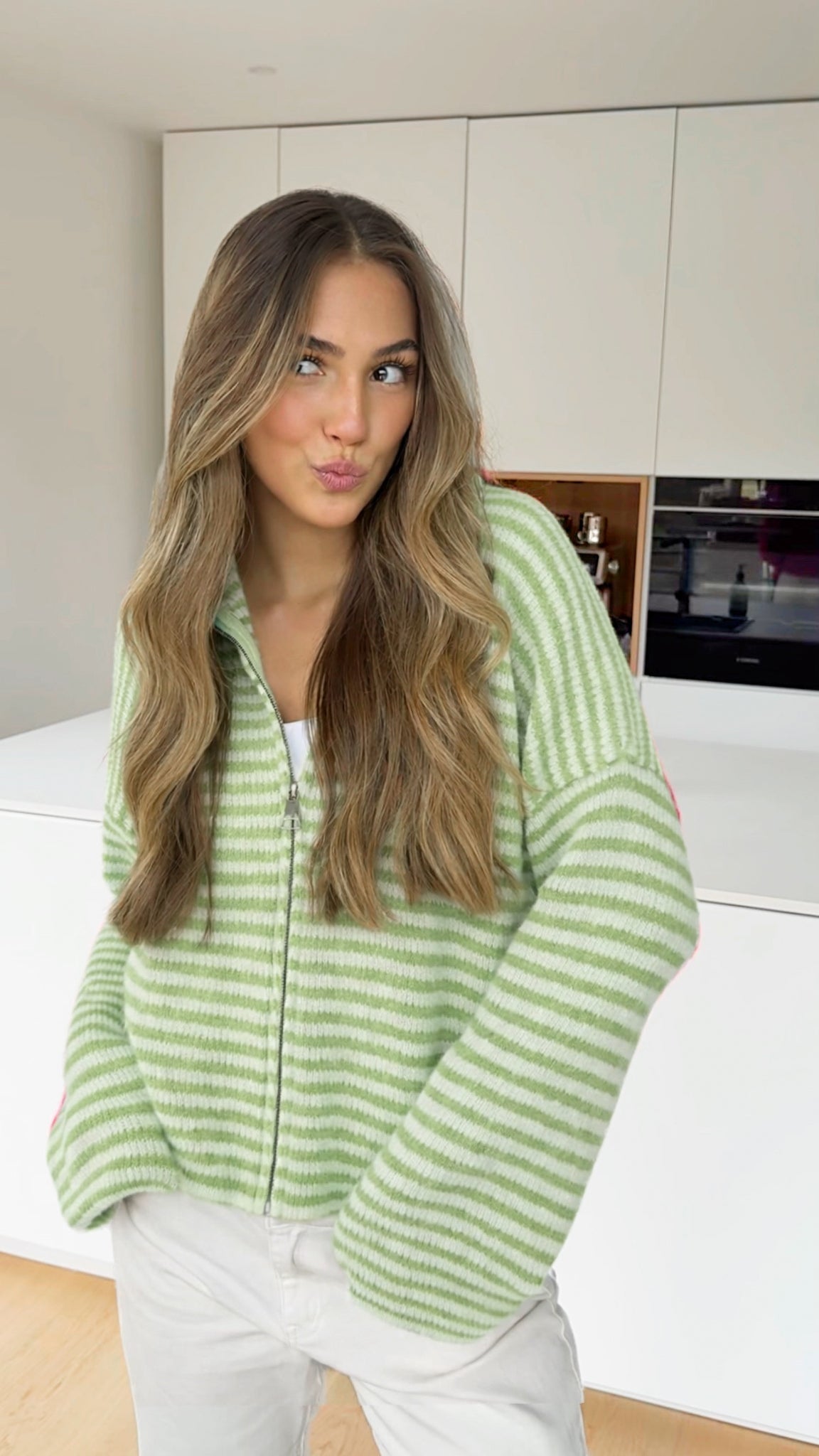 STRIPED ZIP KNIT CARDIGAN LIMETTE