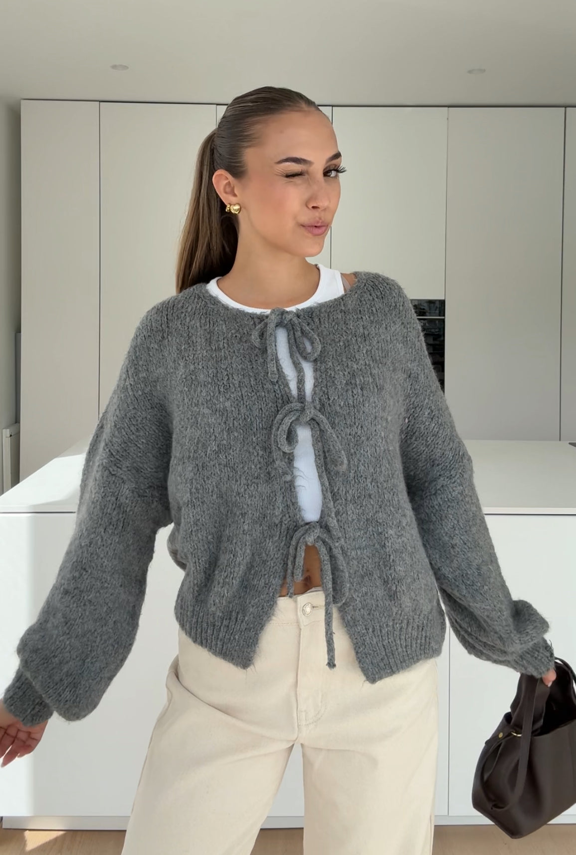 BOW CARDIGAN DARK GREY