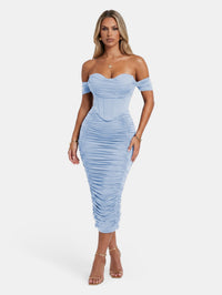 Faux-Corset Ruched Bodycon Cocktail Midi Dress