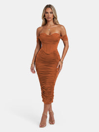 Faux-Corset Ruched Bodycon Cocktail Midi Dress