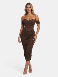 Faux-Corset Ruched Bodycon Cocktail Midi Dress