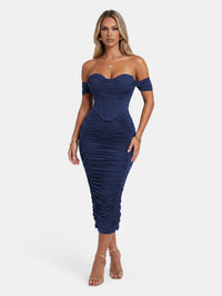 Faux-Corset Ruched Bodycon Cocktail Midi Dress