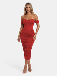 Faux-Corset Ruched Bodycon Cocktail Midi Dress