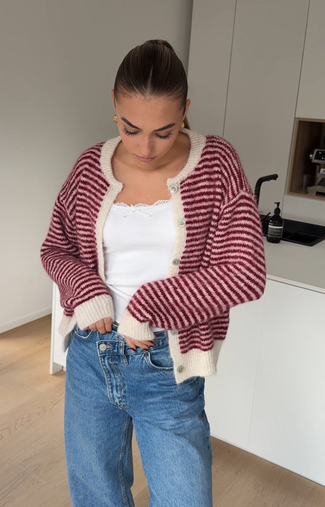 STRIPED COLOR CARDIGAN BURGUNDY