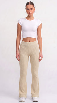 Gerippte Strick-Schlaghose - Creme