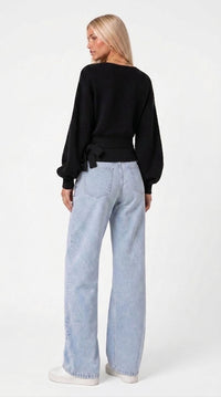 Wickelbluse mit Ballonärmeln - Schwarz