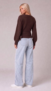 Wickelbluse mit Ballonärmeln - Braun