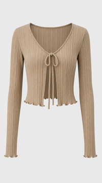 Gerippter Wickelcardigan mit Bindedetail