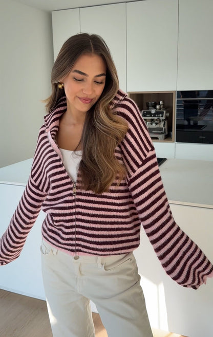 STRIPED ZIP KNIT CARDIGAN BURGUNDY