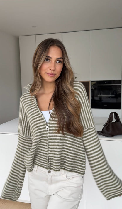 STRIPED ZIP KNIT CARDIGAN MATCHA