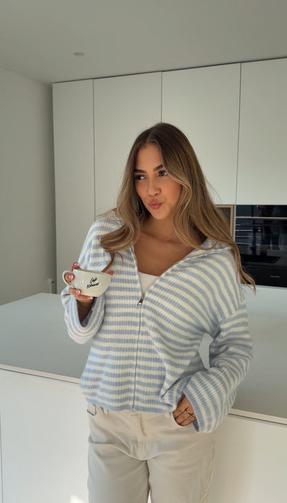 STRIPED ZIP KNIT CARDIGAN SOFT BLUE