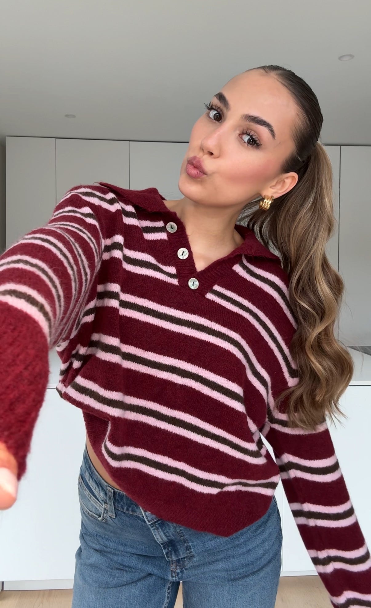 STRIPED KNIT POLO CHERRY RED