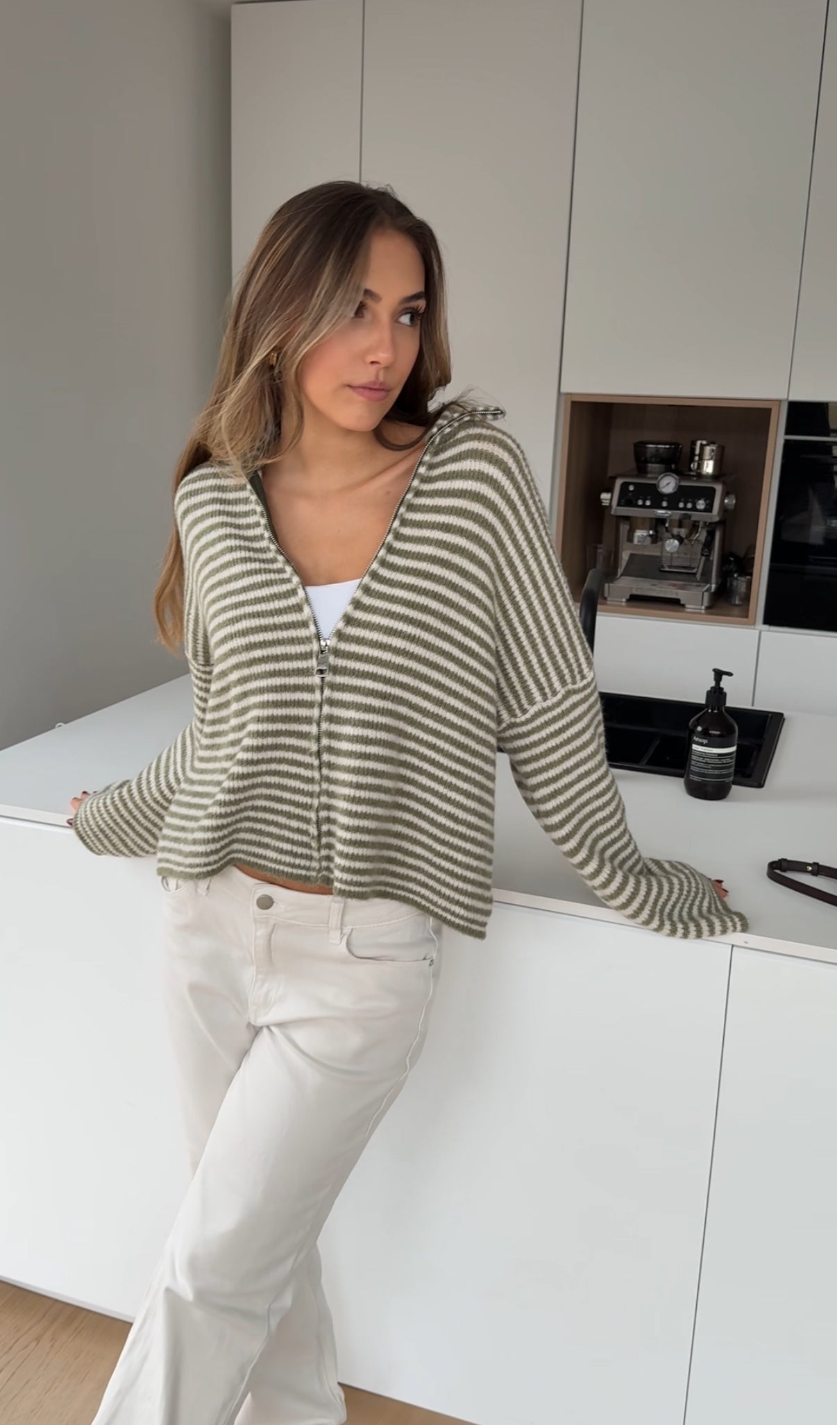 STRIPED ZIP KNIT CARDIGAN MATCHA