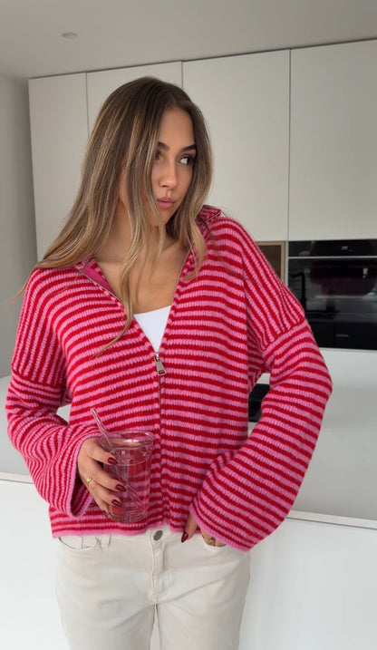 STRIPED ZIP KNIT CARDIGAN CHERRY