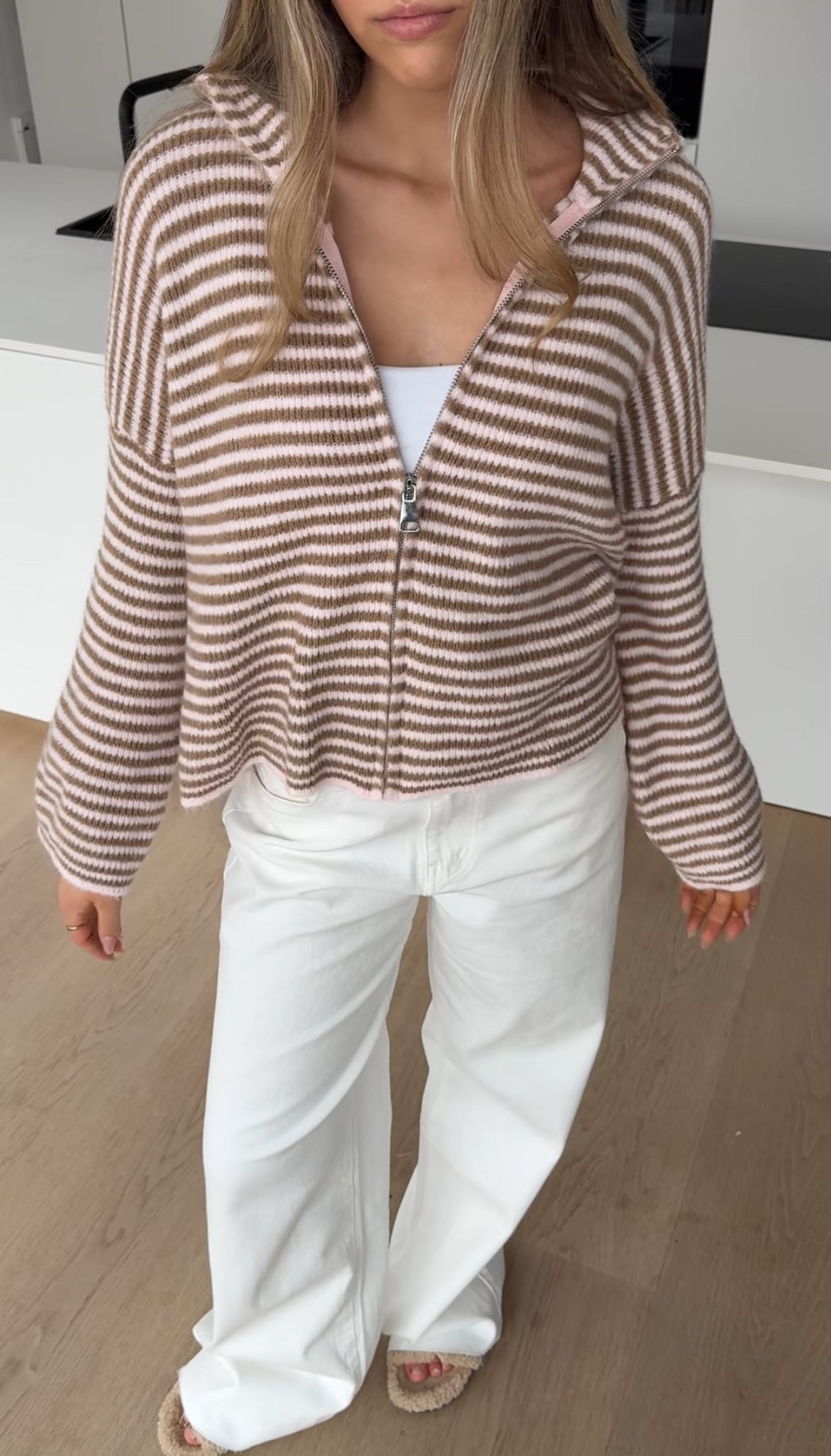 STRIPED ZIP KNIT CARDIGAN CREAMY ROSE