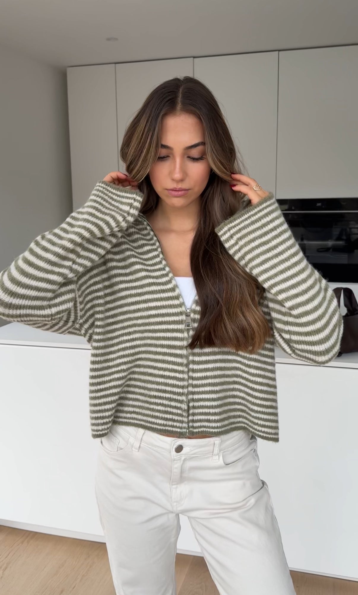 STRIPED ZIP KNIT CARDIGAN MATCHA