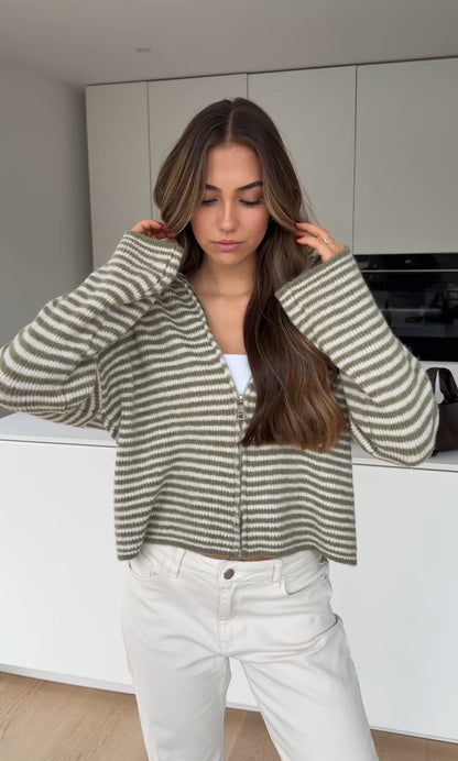 STRIPED ZIP KNIT CARDIGAN MATCHA