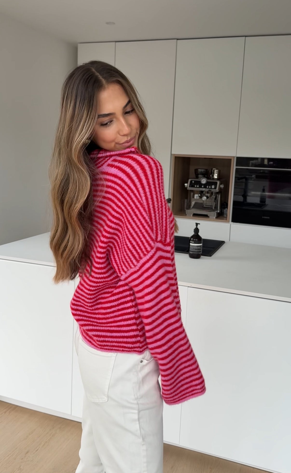 STRIPED ZIP KNIT CARDIGAN CHERRY