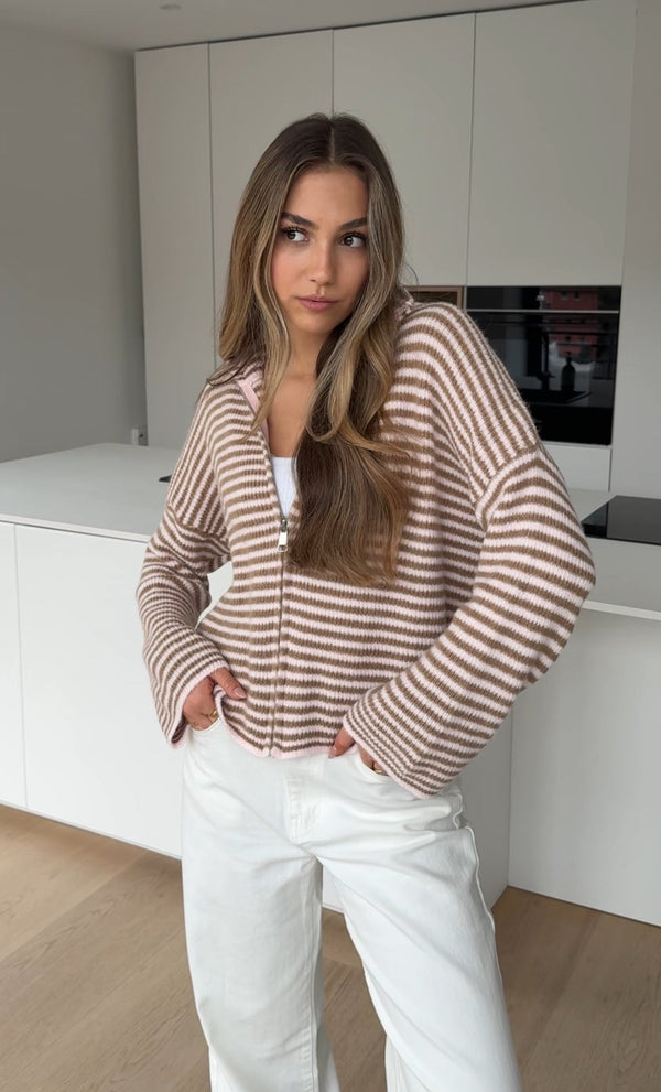 Striped Zip Knit Cardigan Creamy Rose