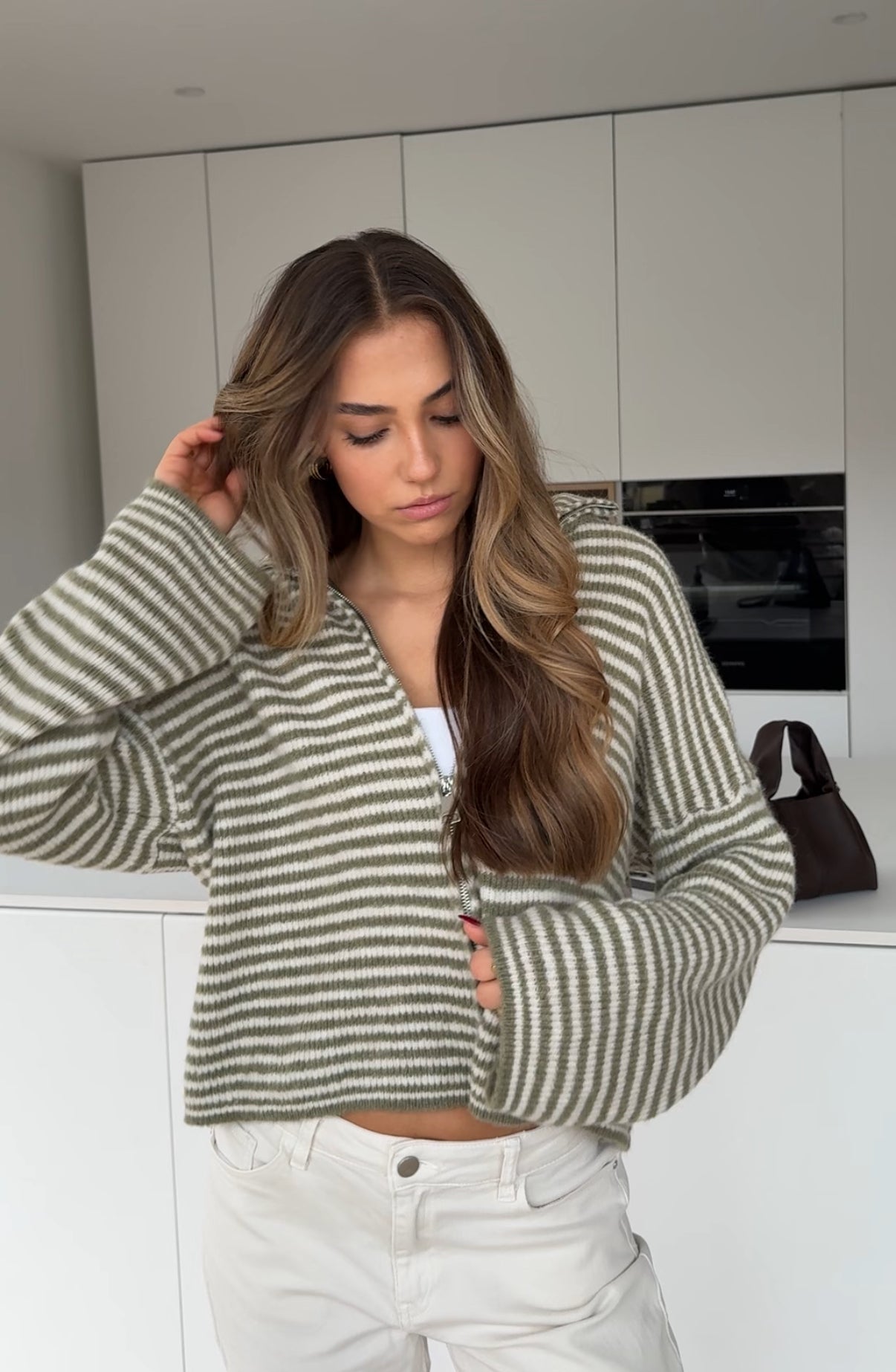 STRIPED ZIP KNIT CARDIGAN MATCHA