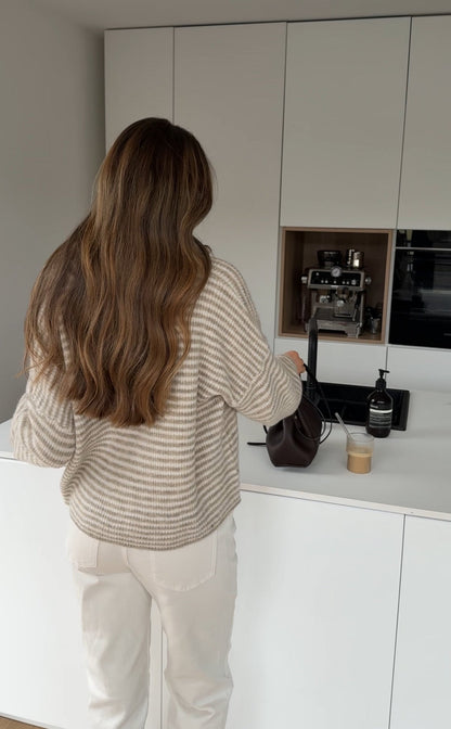 STRIPED ZIP KNIT CARDIGAN CREAM
