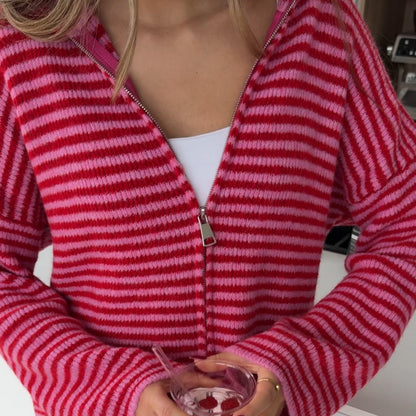 STRIPED ZIP KNIT CARDIGAN CHERRY