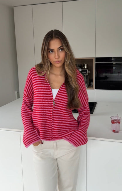 STRIPED ZIP KNIT CARDIGAN CHERRY