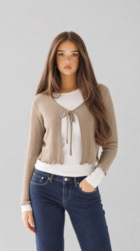 Gerippter Wickelcardigan mit Bindedetail