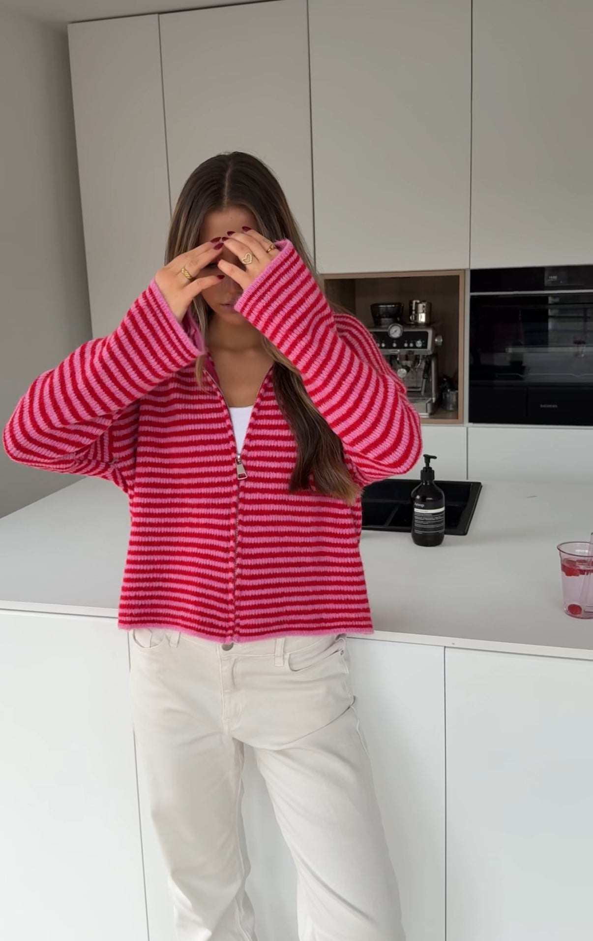 STRIPED ZIP KNIT CARDIGAN CHERRY