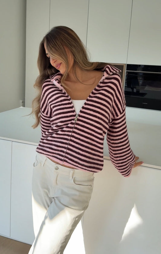 STRIPED ZIP KNIT CARDIGAN BURGUNDY
