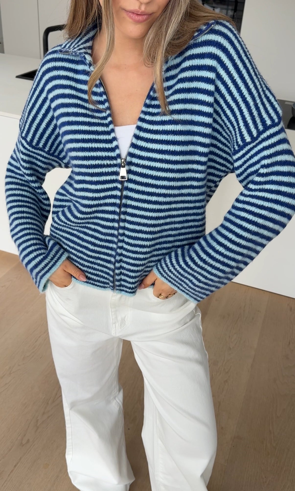STRIPED ZIP KNIT CARDIGAN BLUEBERRY