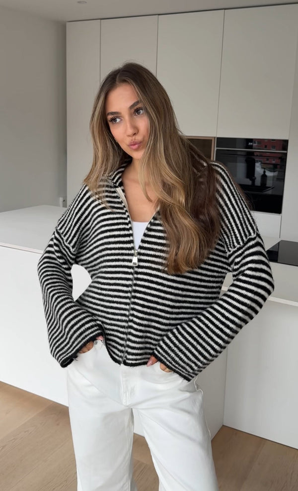 Striped Zip Knit Cardigan Black