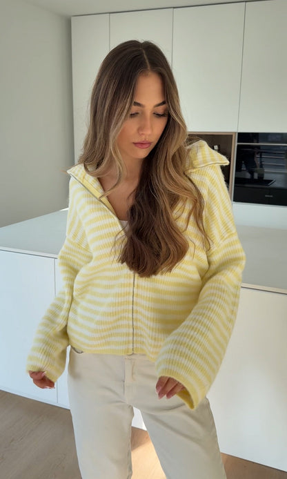 STRIPED ZIP KNIT CARDIGAN LEMON