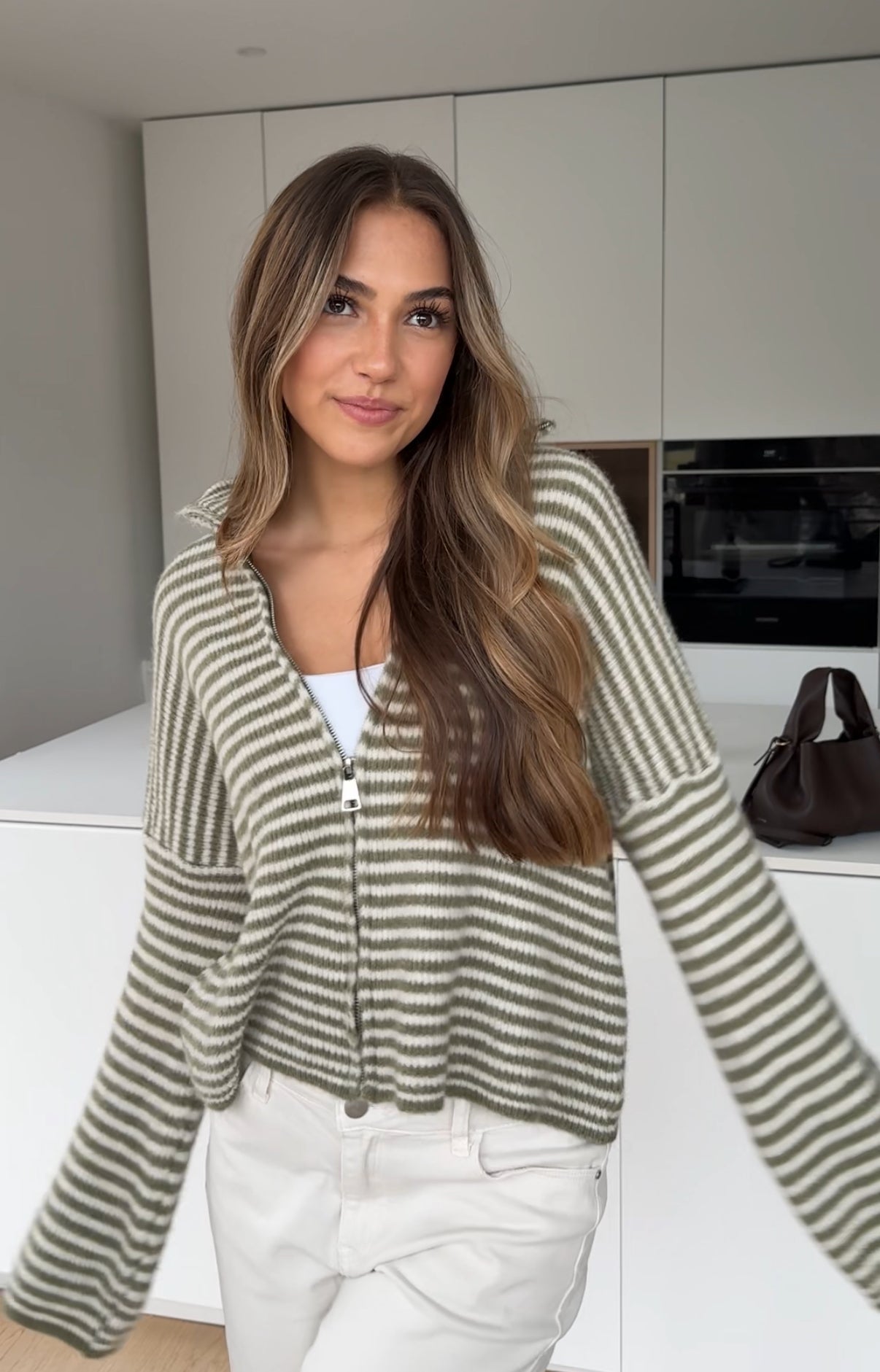 STRIPED ZIP KNIT CARDIGAN MATCHA