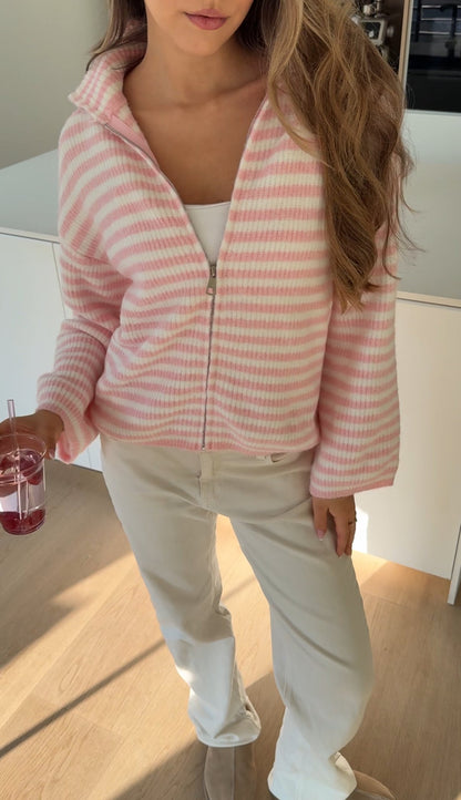 STRIPED ZIP KNIT CARDIGAN COTTON