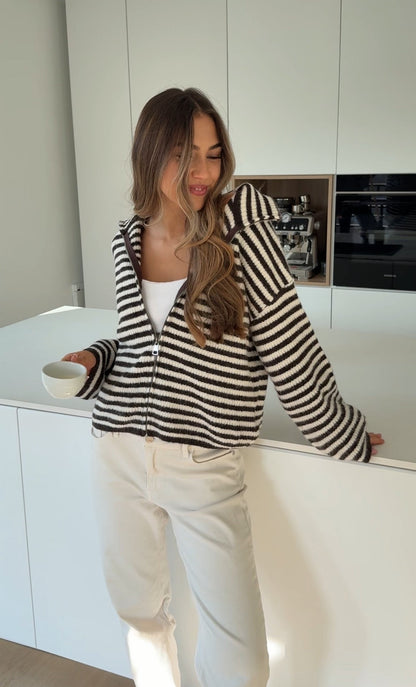 STRIPED ZIP KNIT CARDIGAN CHOCOLATE
