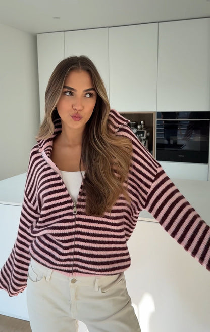 STRIPED ZIP KNIT CARDIGAN BURGUNDY
