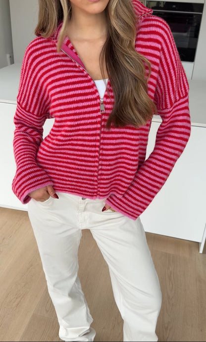 STRIPED ZIP KNIT CARDIGAN CHERRY