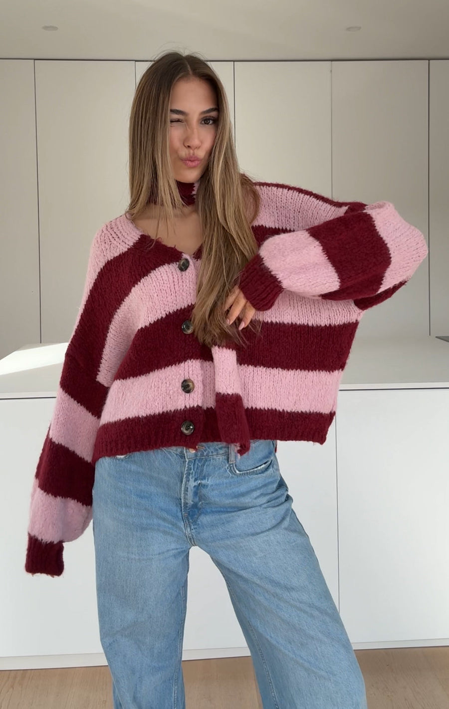 Knitted Stripe Cardigan Cherry