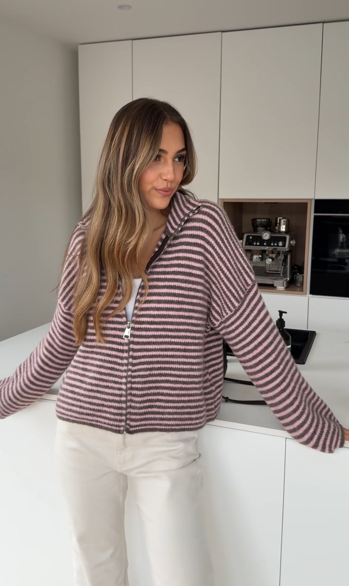 STRIPED ZIP KNIT CARDIGAN BERRY