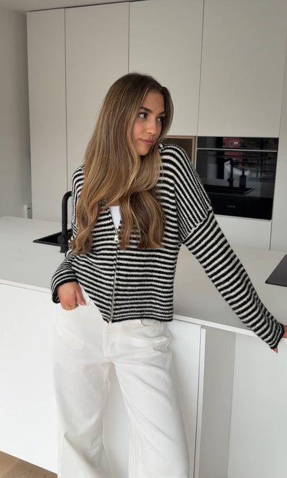 STRIPED ZIP KNIT CARDIGAN BLACK