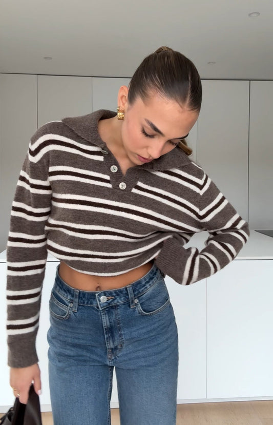 STRIPED KNIT POLO CHOCOLATE