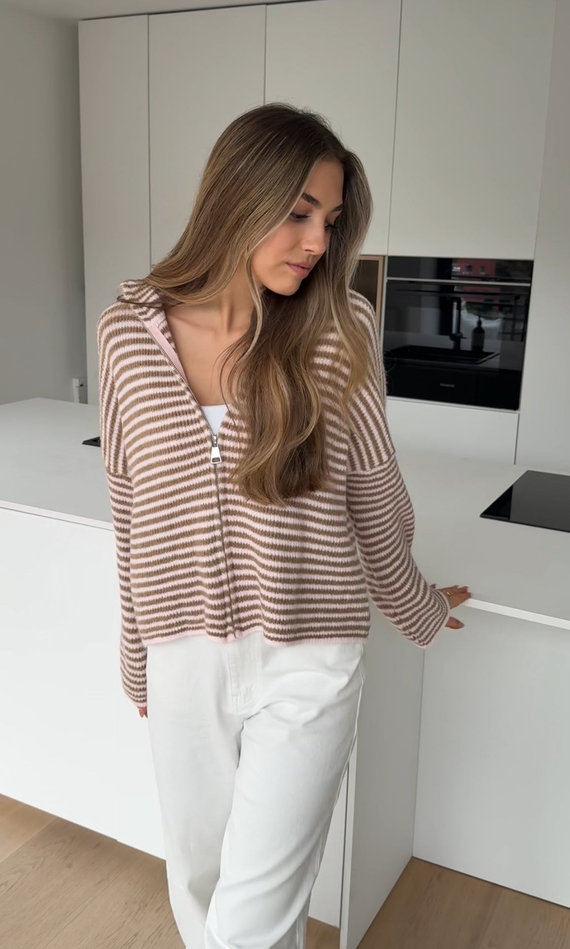 STRIPED ZIP KNIT CARDIGAN CREAMY ROSE