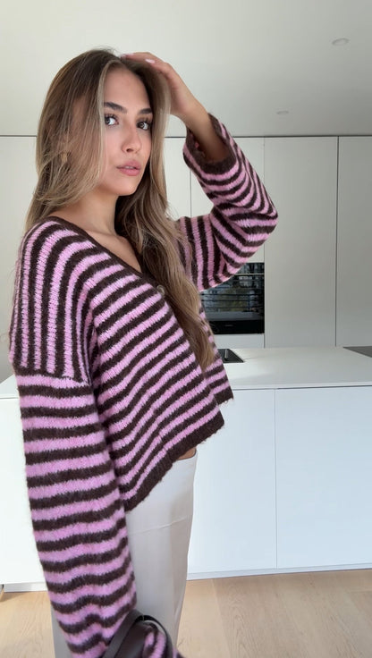 STRIPED V-NECK CARDIGAN WINTER BERRY