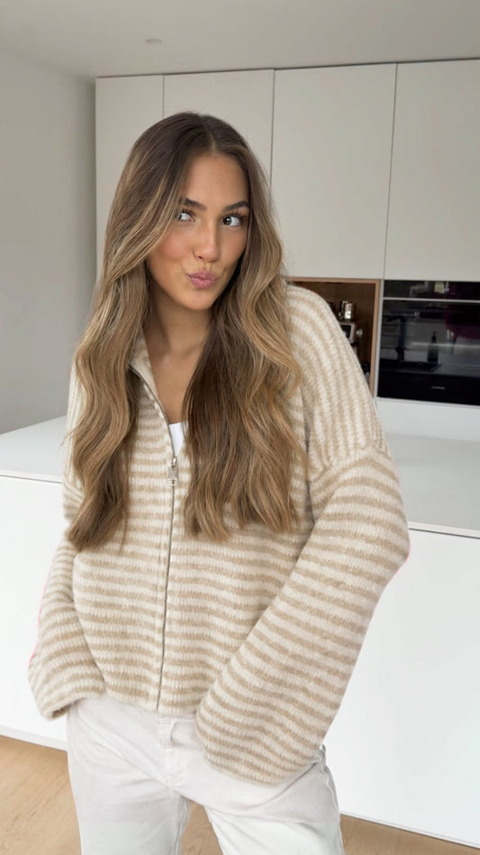 STRIPED ZIP KNIT CARDIGAN CINNAMON