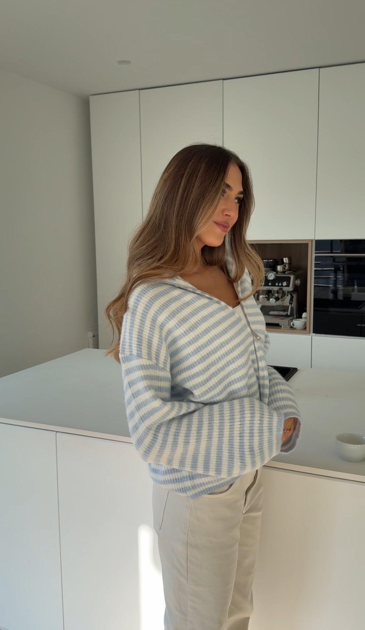 STRIPED ZIP KNIT CARDIGAN SOFT BLUE