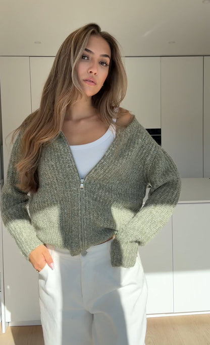 ZIP KNIT CARDIGAN SAGE