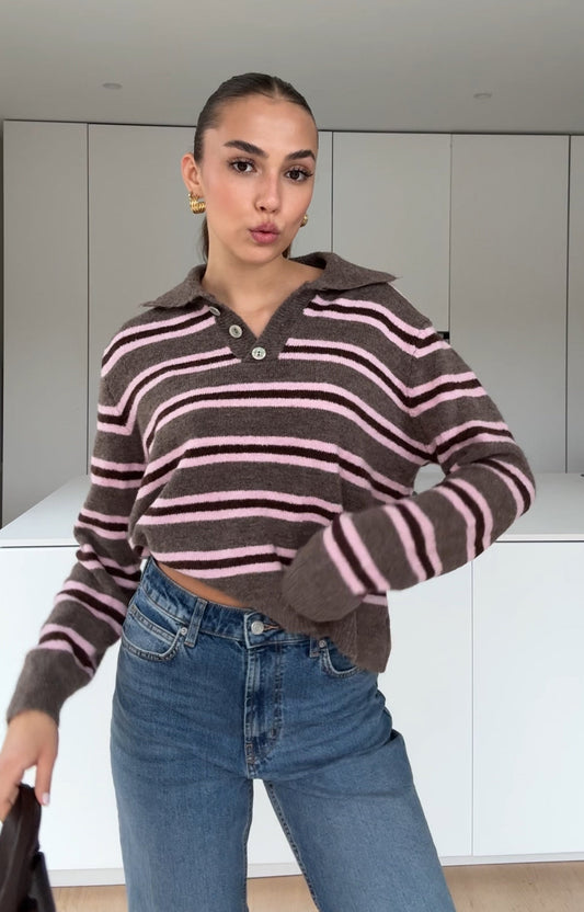 STRIPED KNIT POLO BLUSH CHOCOLATE
